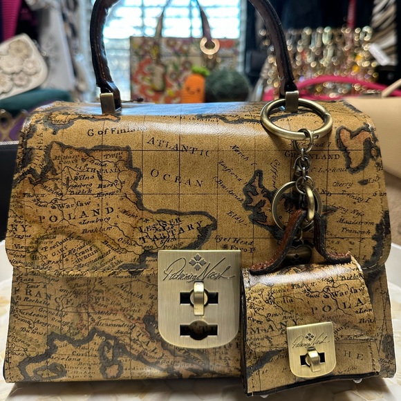 NWT Patricia Nash Map Print top handle crossbody handbag& Matching Bag Charm!